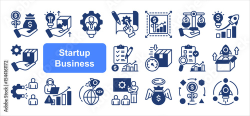 Startup Business icon collection set, with Product market fit, MVP, Venture capital, Angel investor, Growth hacking, Customer acquisition, Business model.