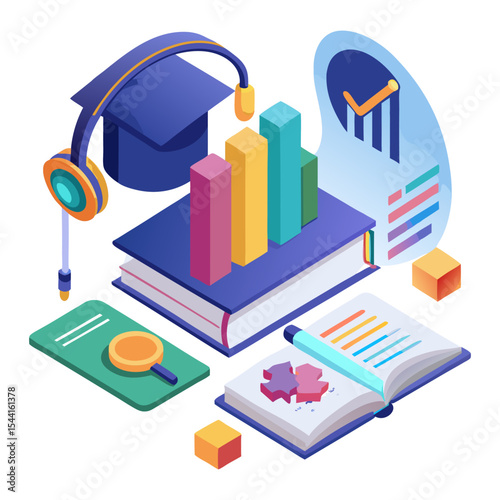 a graduation cap, headphones, and a large book with bar charts, an open notebook, magnifying glass, and a check-marked graph, symbolizing e-learning, academic success, and educational analytics.