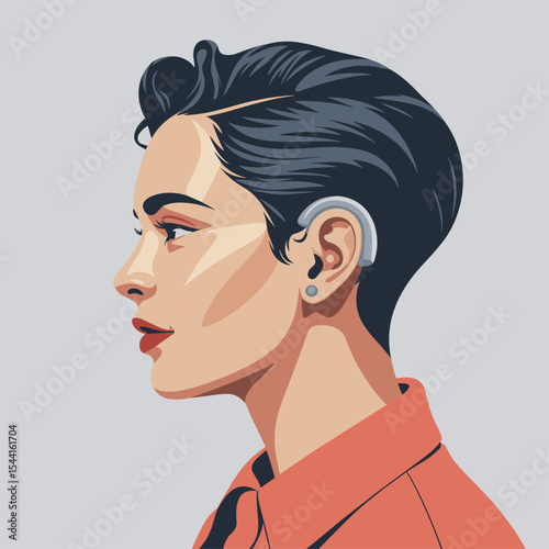 Stylized portrait of a woman with short hair wearing a hearing aid, modern vector illustration on neutral background
