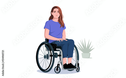 Confident young woman with red hair sitting in wheelchair, wearing casual blue outfit, representing disability empowerment and inclusive lifestyle in modern illustration
