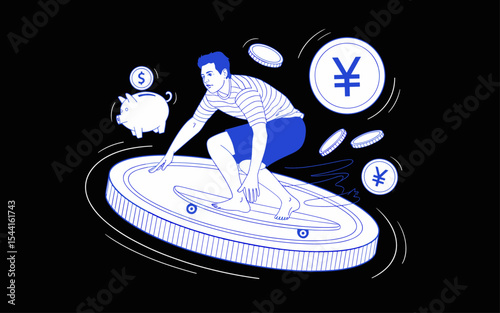 Surfer riding waves between yen and dollar currency symbols, conceptual illustration of navigating global financial markets
