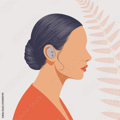 Stylized portrait of a woman with short hair wearing a hearing aid, modern vector illustration on neutral background
