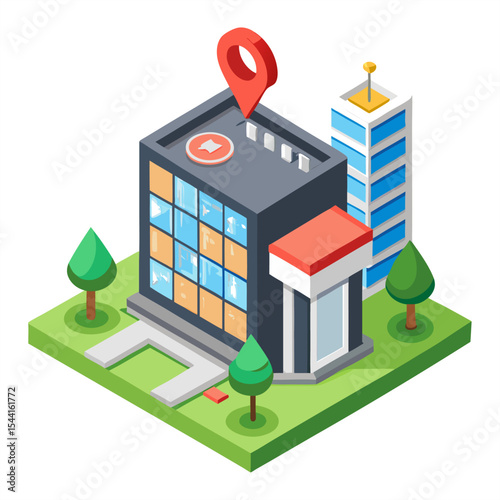 An isometric building complex with a prominent red location pin on top, surrounded by trees, symbolizing business location, office space, or real estate services.