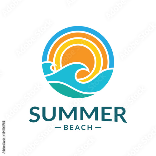 Summer beach themed icon with sun and ocean wave