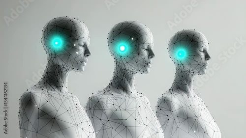 Three abstract humanoid figures with glowing points, futuristic concept