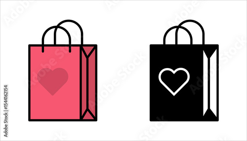 Shopping bag with heart different style icon set. Line, glyph and filled outline colorful version, outline and filled vector sign. Symbol, logo illustration. Vector graphics
