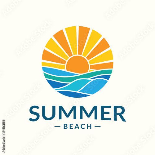 Summer beach logo with sun and ocean waves design