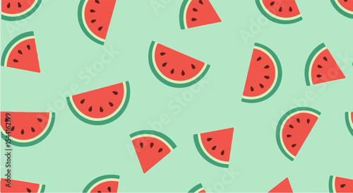Watermelon slices pattern on a light green background. Repeating summer fruit design.