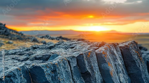 Striking rock formation against a vibrant sunset landscape