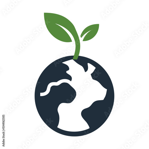 Green Leaves Sprouting from Dark Blue Earth Globe Icon Eco Friendly Environment Symbol
