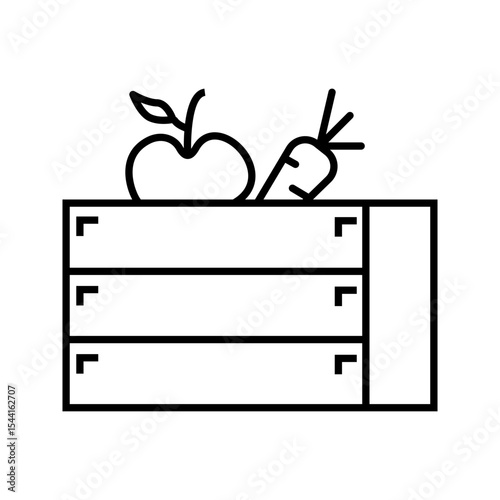 Vector food wooden box icon template. Line grocery logo background with organic fruits and vegetables. Farmers market wood crate illustration. Healthy natural product design concept
