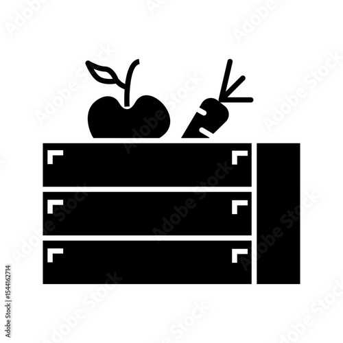 Vector food wooden box icon template. Line grocery logo background with organic fruits and vegetables. Farmers market wood crate illustration. Healthy natural product design concept
