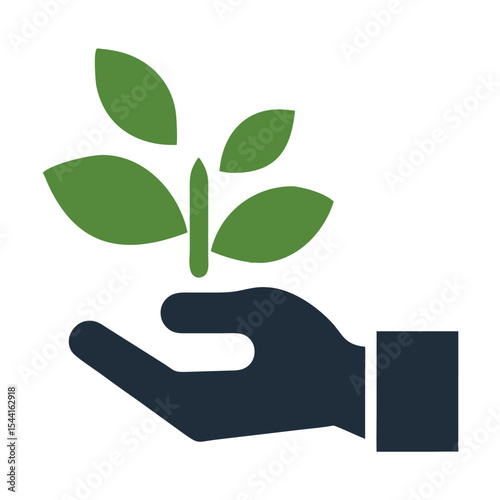 Green Plant Sprout Held in Dark Blue Hand Icon Environmental Conservation Ecology Symbol 1