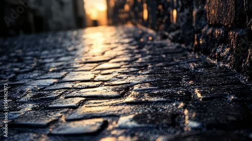 Wet cobblestone street reflecting sunset light, creating a moody urban scene