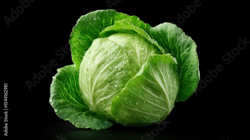 Fresh Green Cabbage with Water Droplets on Dark Background