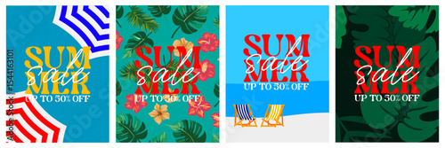 Set of summer sale templates with colorful beach umbrellas, tropical leaves, hibiscus flowers and sun loungers. Design for poster, ads, cover, web banner or promo header