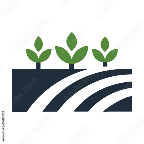 Three Green Plants Growing in Dark Gray Soil with Furrows Representing Eco Friendly Agriculture