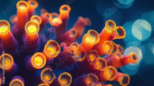 Macro shot of vibrant orange coral polyps with glowing tips against a blurred blue background