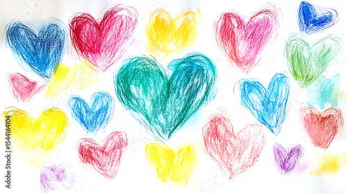 heart drawn with crayons on a white sheet of paper, hand drawn heart rendered  textural illustration conveys childlike creativity, Generative ai