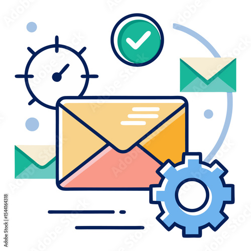 Vibrant illustration representing efficient communication, email management, and automated processes. Features an envelope, clock, checkmark, and gear, symbolizing speed, reliability, and settings.