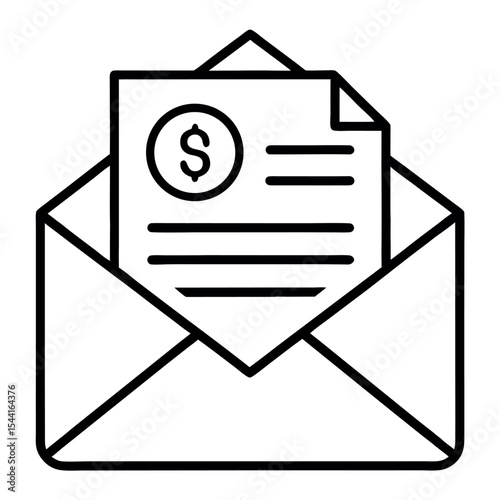 Vector icon of an envelope containing a financial document with a dollar sign. Perfect for billing, invoice delivery, salary slips, payment notices, and finance-related correspondence.