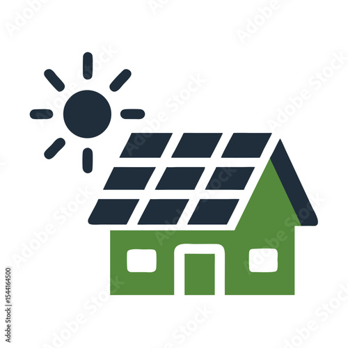 Green House with Solar Panels and Sun Icon Eco Friendly Energy Sustainable Home Illustration
