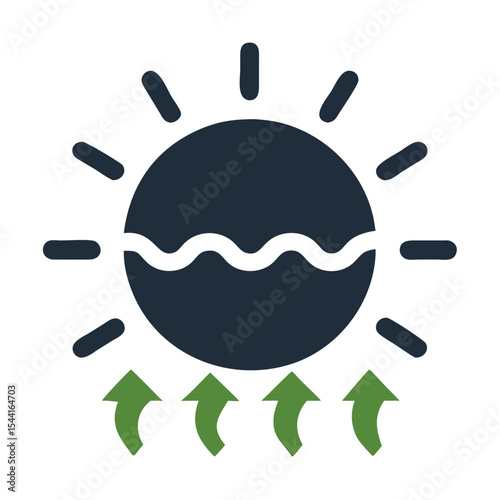 Dark Blue Sun Icon with Green Upward Arrows and Water Wave Symbol Eco Friendly Energy Concept Illustration