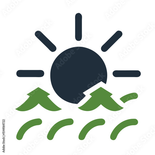 Dark Blue Sun Icon Green Hills and Waves Eco Friendly Nature Symbol vector