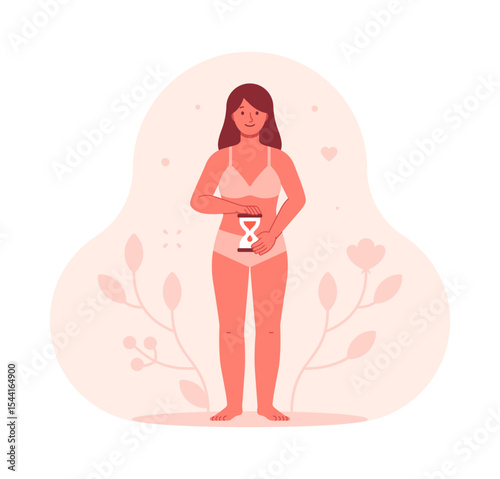 Woman holding hourglass near abdomen. Menstruation, menstrual cycle, period, reproductive health, fertility and biological clock concept. Flat illustration isolated on white background