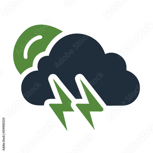 Green and Dark Blue Cloud with Lightning Bolts and Partial Sun Eco Icon Graphic vector