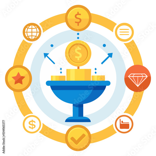 Vibrant illustration symbolizing wealth growth, financial investment, and diverse income streams. A central bowl overflows with coins, surrounded by icons representing global business, assets, and suc