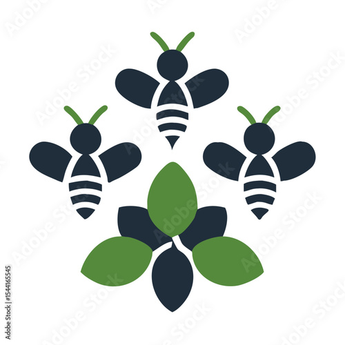 Three Dark Blue Bees Surrounding a Green and Dark Blue Flower Eco Friendly Nature Symbol