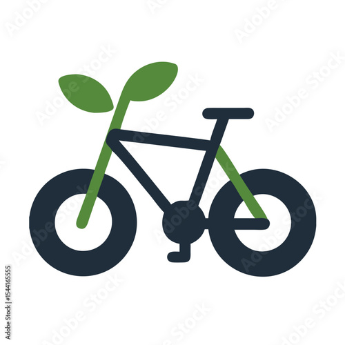 Green Leaf Sprout Growing from Dark Blue Bicycle with Thick Tires Eco Friendly Transportation Concept