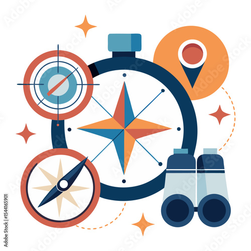 Vibrant illustration depicting navigation and exploration with various tools: a large compass with a prominent wind rose, a target reticle, a smaller compass, binoculars, and a map pin.