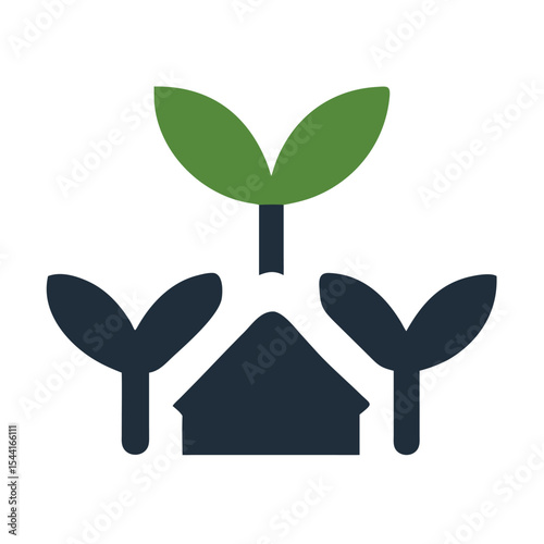 Green and Dark Blue House Icon with Three Growing Plants Eco Friendly Sustainable Home Symbol