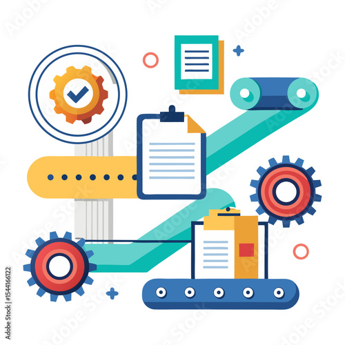 Vibrant illustration of an automated workflow or production line, with documents moving along a conveyor belt, gears, and a clipboard, symbolizing efficiency and process optimization.