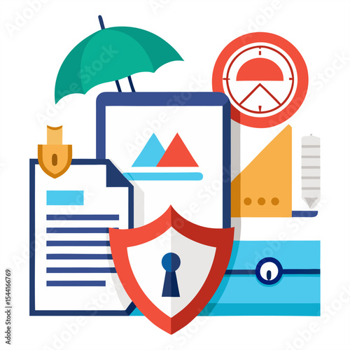 
Vibrant illustration representing digital security and data protection. Features a prominent shield with a keyhole, an umbrella, document, tablet, and lock icons, symbolizing safety and privacy.