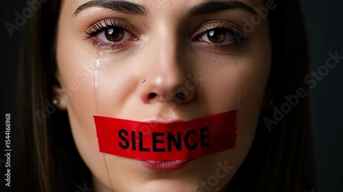 Woman crying with Red Tape with the word 'Silence' on it