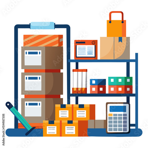 Vibrant illustration depicting warehouse management and inventory control. Features shelves stocked with boxes, a clipboard, calculator, and a pen, symbolizing logistics and stocktaking.