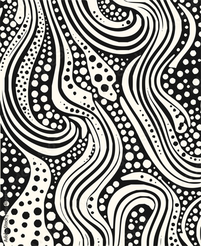 Minimilist black and white optical illusion pattern featuring swirling circles in a seamless arrangement design art vector