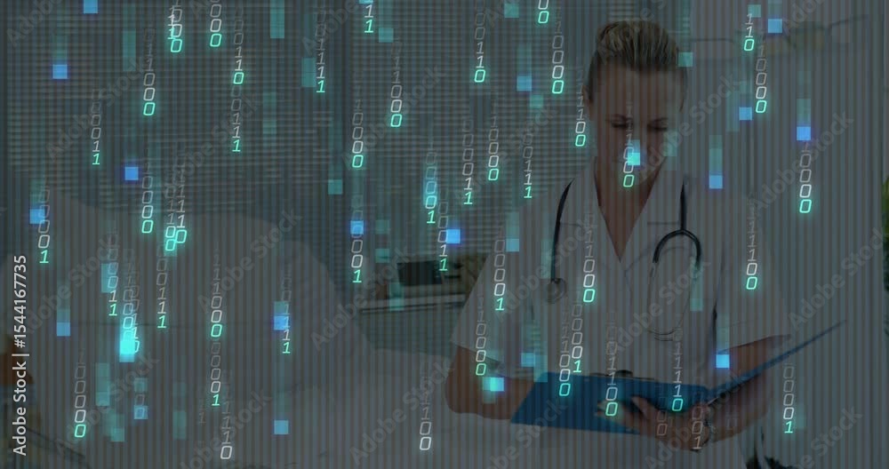 Doctor flipping folder and annotating records in hospital, under transparent binary rain overlay