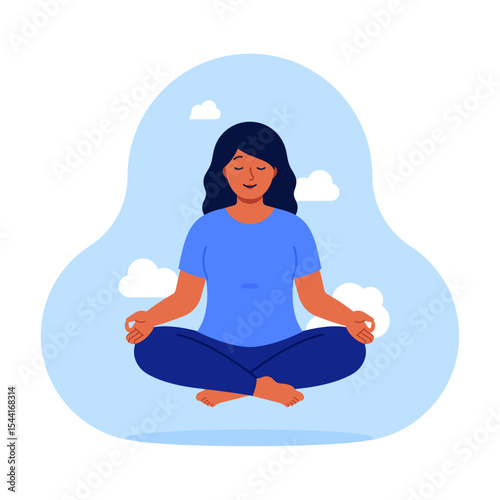 Woman meditating in lotus position with eyes closed, floating among clouds. Mental health, mindfulness, inner peace, relaxation, wellness concept. Flat vector illustration isolated on white background