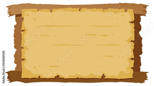 Rough, torn parchment tacked onto a rustic wooden board, perfect for wanted posters, old announcements, or game UI elements.