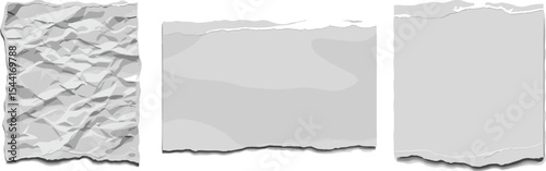 Set of old torn pieces of gray paper isolated on transparent background