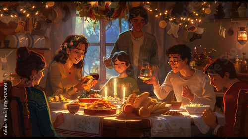 Family Gathering Around Festive Dinner Table