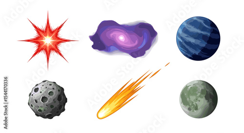 Illustration of a red starburst, a purple galaxy, three planets, and a comet on a white background