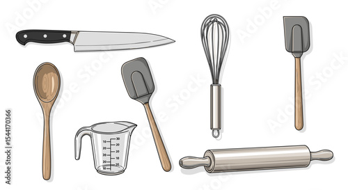 Illustration showing various kitchen utensils including a knife, spoon, and measuring cup and more