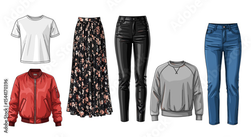 Illustration showcasing a variety of women's clothing items including tops bottoms and outerwear pieces