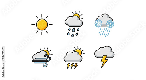 Illustration of weather icons including sun rain snow wind lightning and cloudy conditions forecast