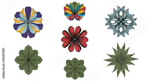 Collection of seven stylized floral designs with various colors and petal arrangements in an assortment